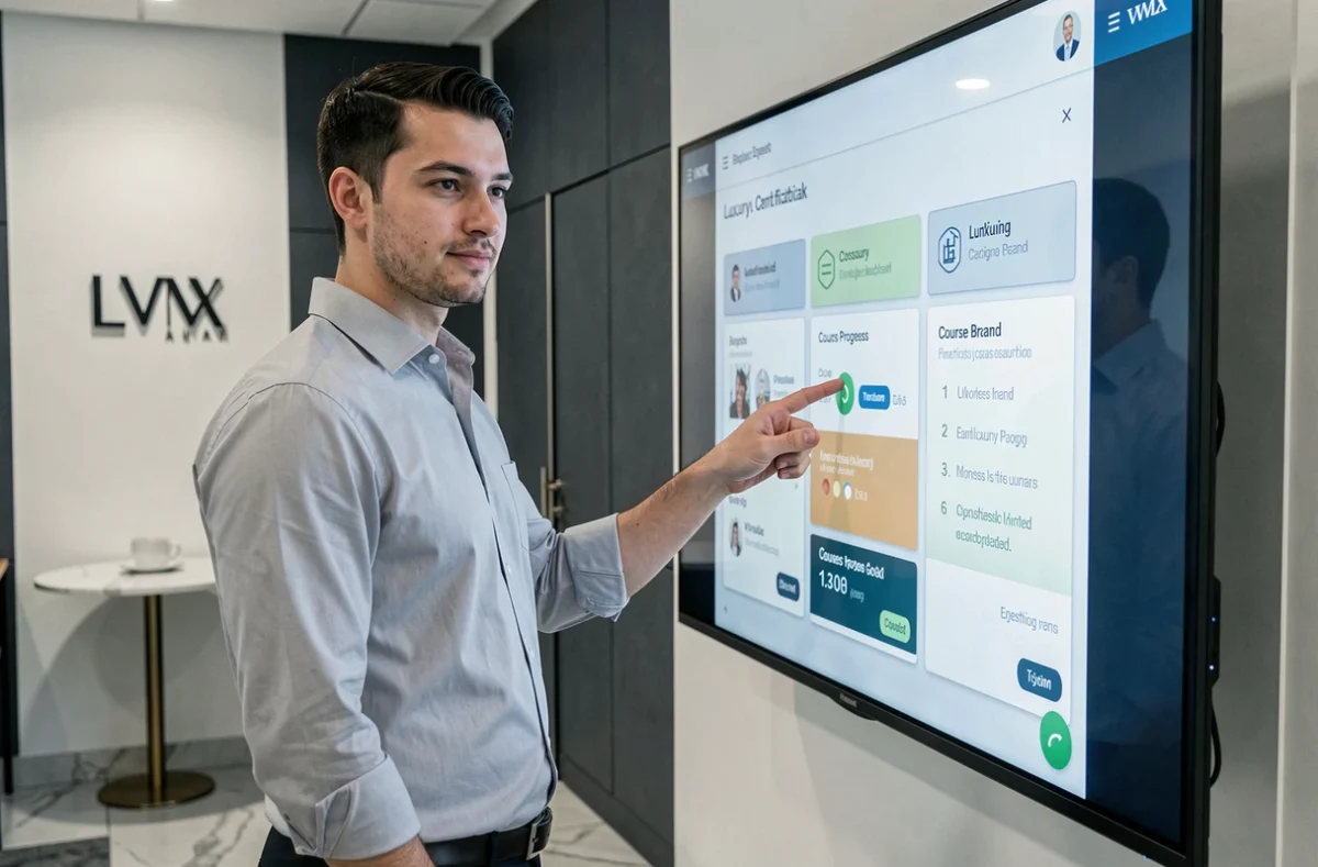 Homme consultant le programme en ligne du certificat LVMH Inside LVMH sur un écran interactif dans un bureau moderne