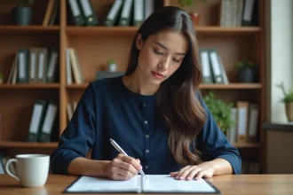 Jeune femme vérifiant attentivement un récapitulatif de candidature signé à son bureau à domicile