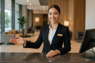 Réceptionniste d'hôtel accueillant chaleureusement des clients à la réception
