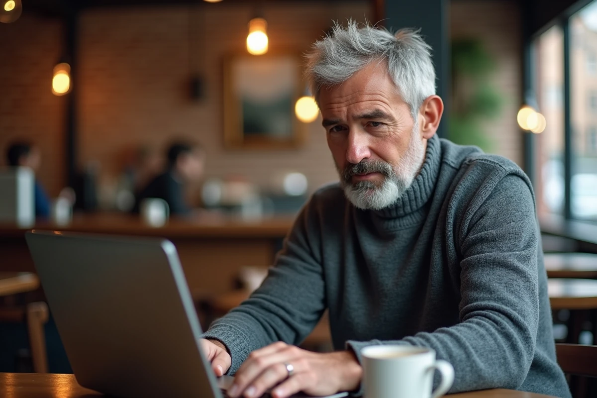 Homme recherchant et comparant des formations photo en ligne dans un café
