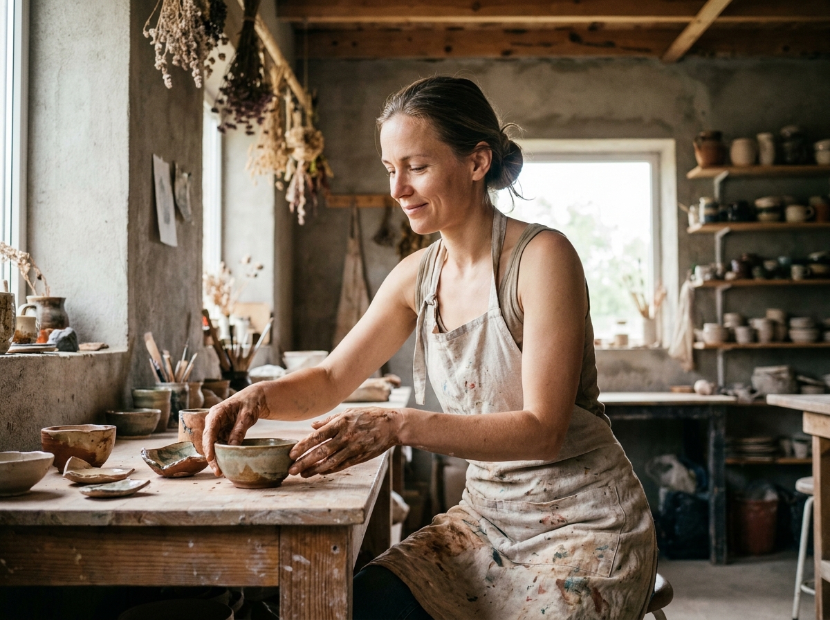 Femme artisane aux mains tachées d'argile dans un atelier de céramique, incarnant la reconversion professionnelle et la passion retrouvée