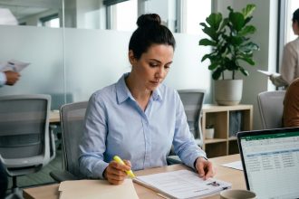 Recruteuse professionnelle en train d'analyser des CV imprimés sur son bureau de travail moderne
