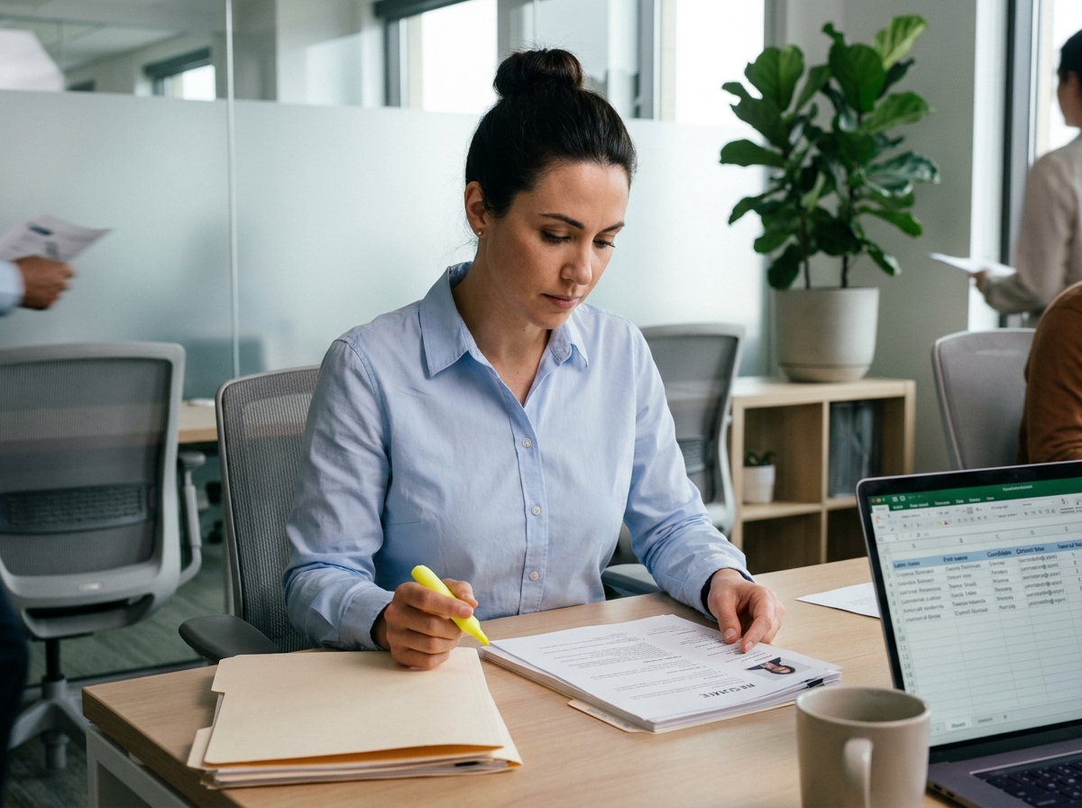Recruteuse professionnelle en train d'analyser des CV imprimés sur son bureau de travail moderne