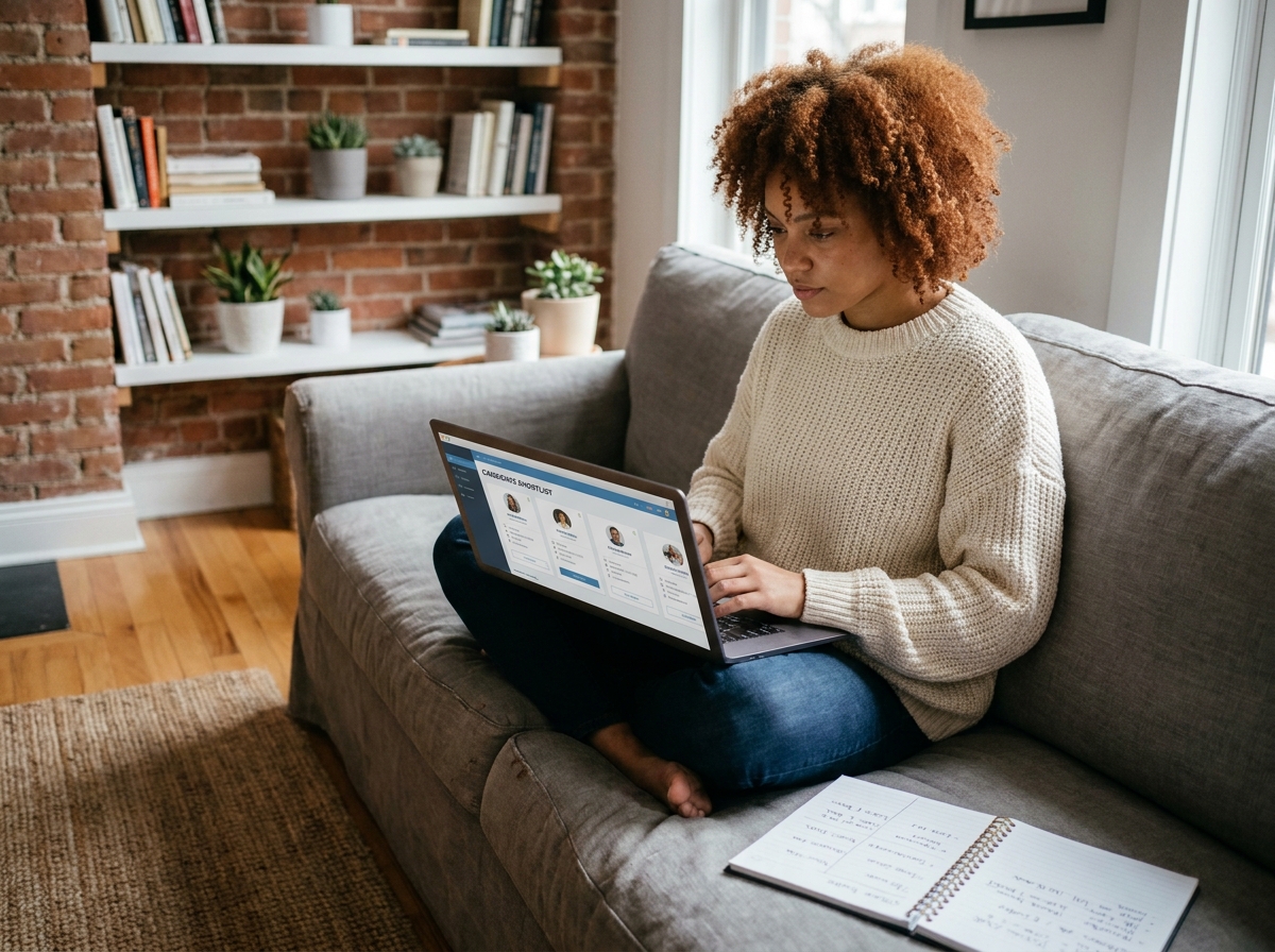 Jeune recruteuse travaillant depuis chez elle sur un logiciel de gestion de CVs dans un espace home office cosy