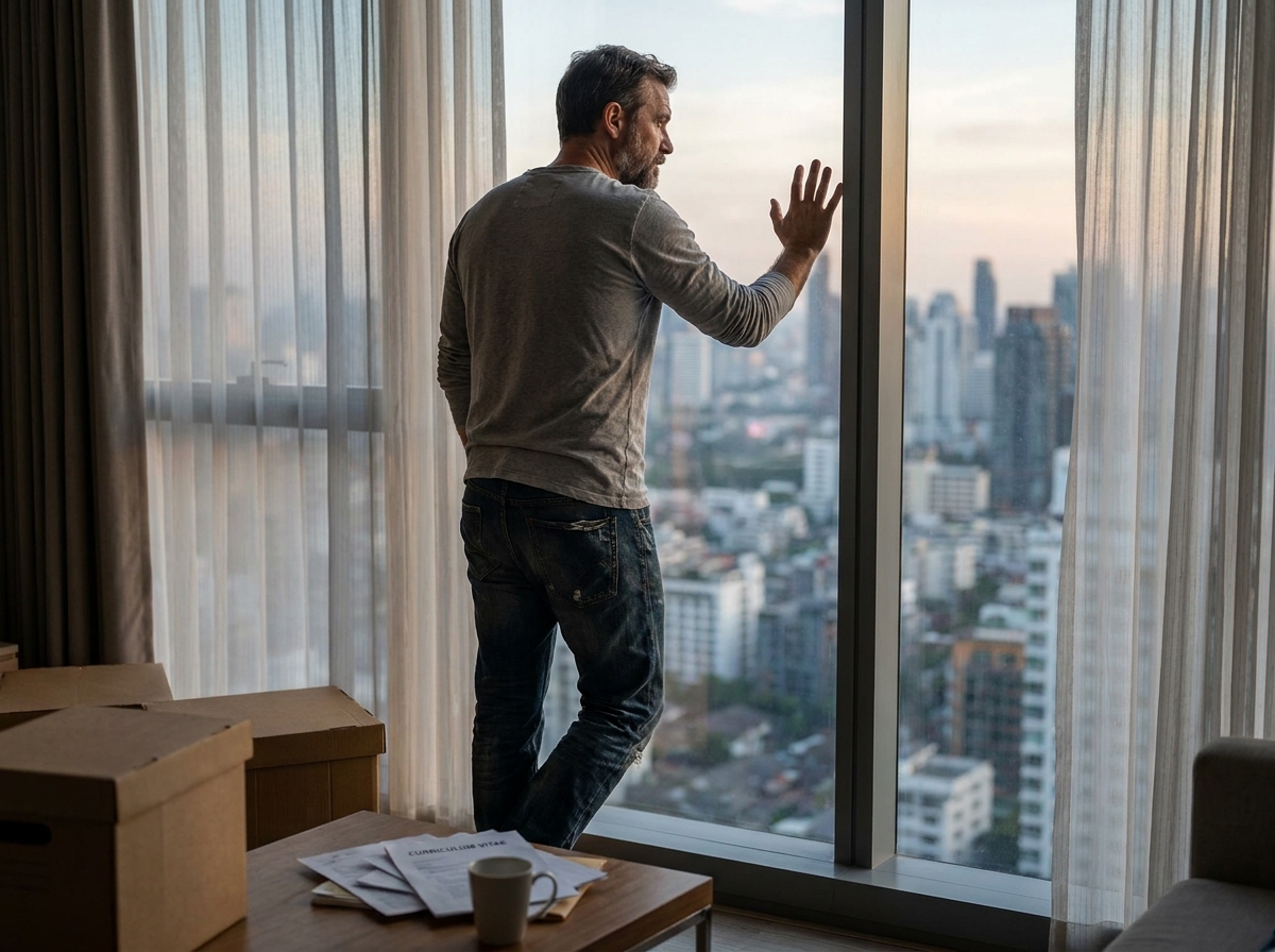 Homme pensif debout devant une fenêtre urbaine avec un CV sur la table, symbolisant la réflexion sur un changement de carrière