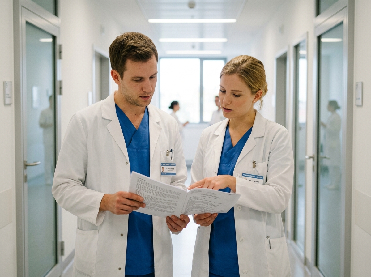 Deux résidents en médecine en blouse blanche échangeant sur un dossier patient dans un couloir d'hôpital européen moderne