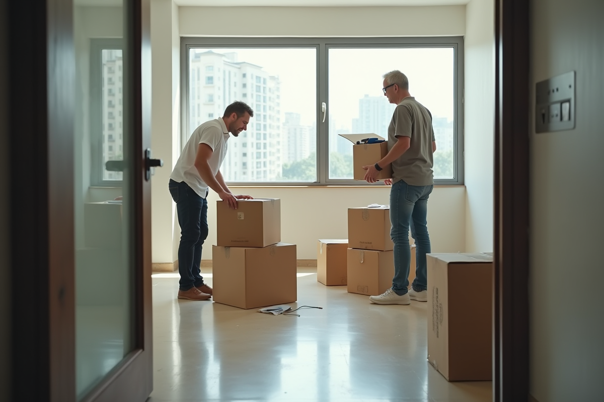 Deux collègues déballant des cartons dans un bureau neuf et lumineux