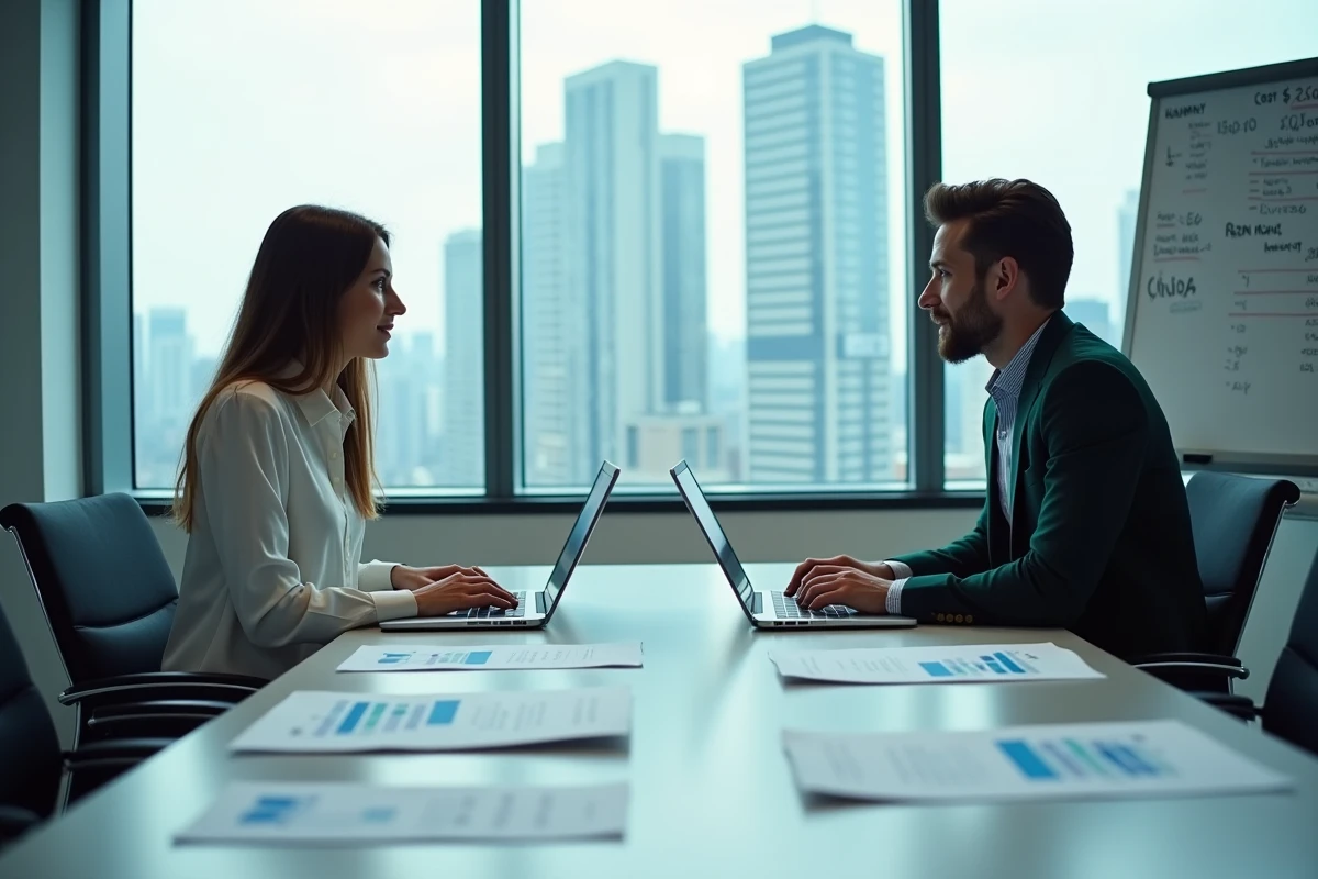 Deux professionnels comparant les tarifs de plateformes IA autour d'une table de réunion avec documents et ordinateurs