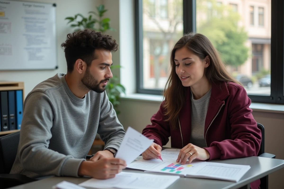 Deux étudiants en réunion avec un conseiller financier pour discuter du coût et du financement d'une formation Gaming Campus