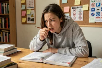 Jeune femme qui révise le code de la route avec un manuel annoté à son bureau