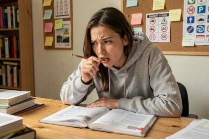 Jeune femme qui révise le code de la route avec un manuel annoté à son bureau