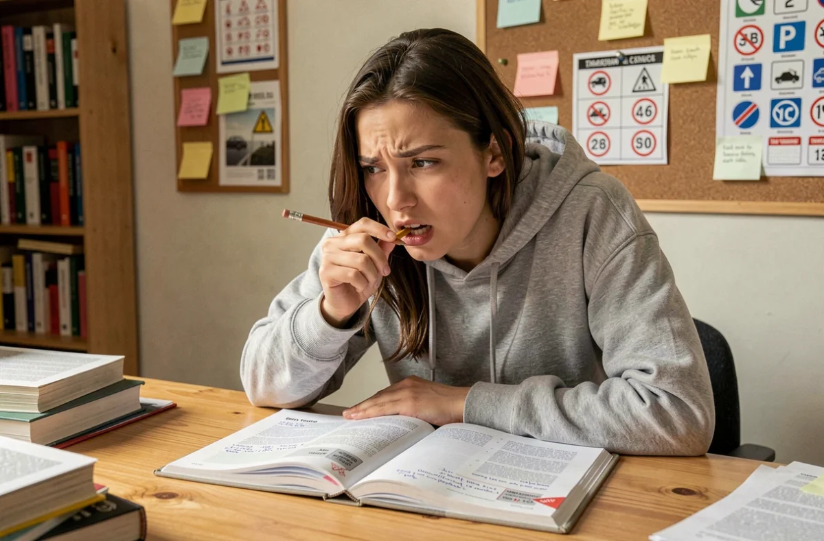 Jeune femme qui révise le code de la route avec un manuel annoté à son bureau