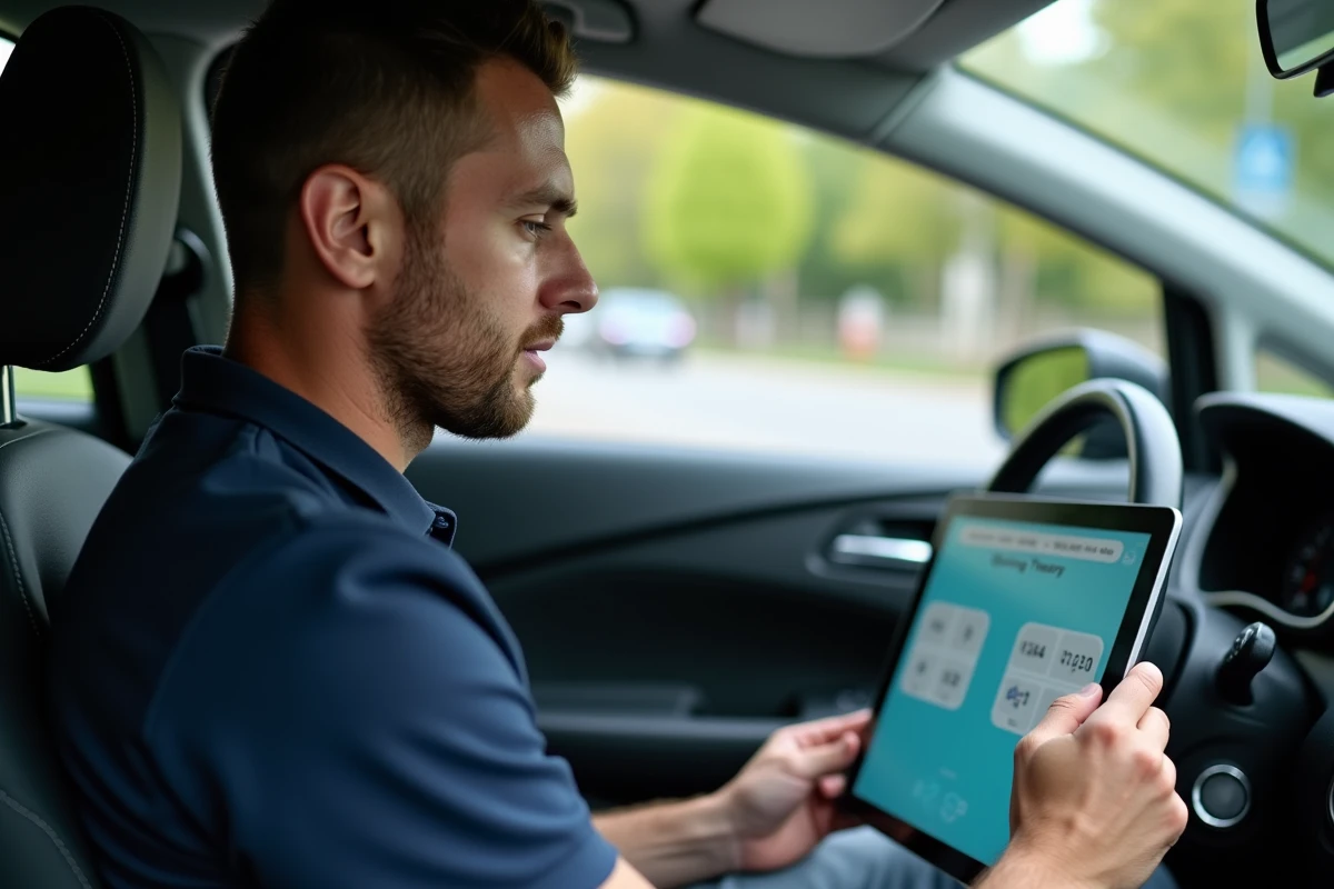 Homme révisant les questions du code de la route sur une tablette assis dans une voiture garée en ville