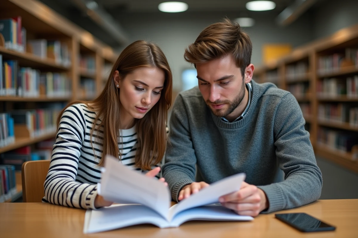 Deux étudiants révisant ensemble les 100 questions du permis de conduire dans une bibliothèque publique