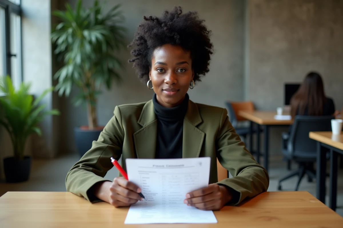 Jeune femme révisant un questionnaire à choix multiples sur la naturalisation française dans un espace de coworking