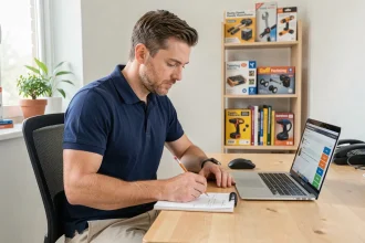 Un homme en reconversion professionnelle suit une formation bricolage en ligne grâce au financement CPF sur son ordinateur portable à domicile