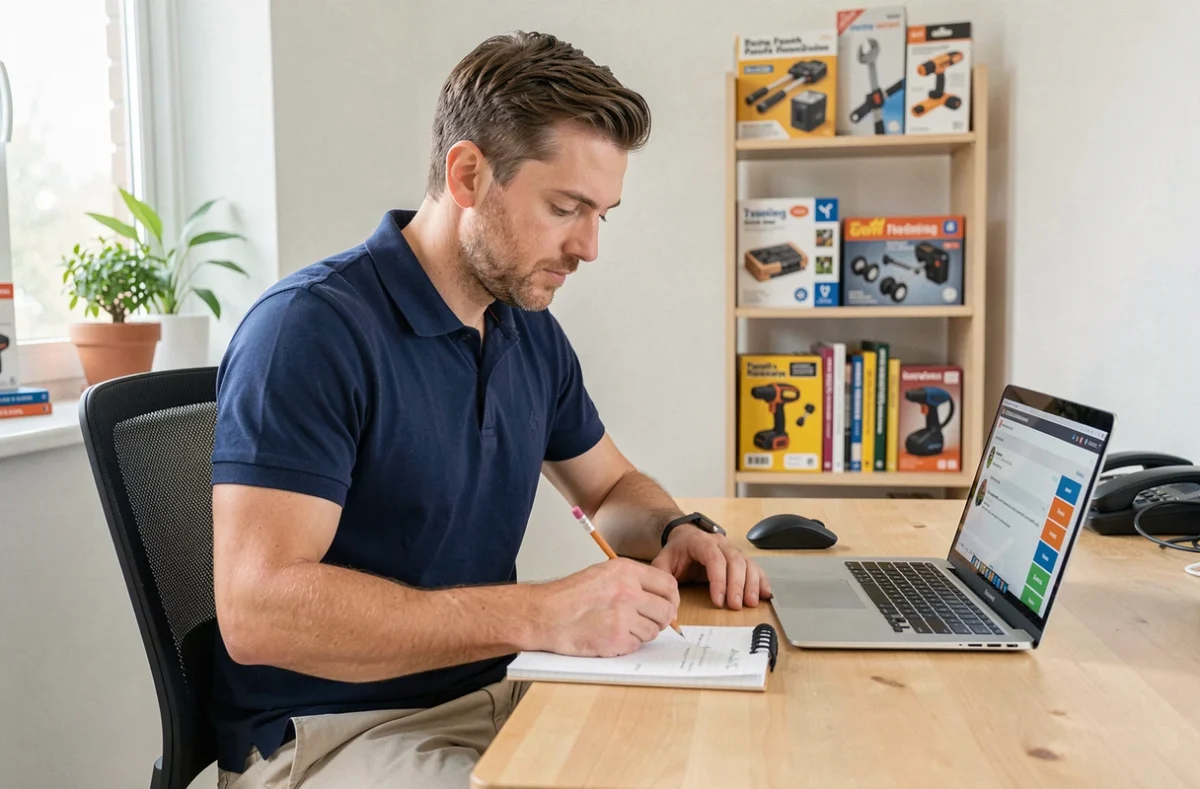 Un homme en reconversion professionnelle suit une formation bricolage en ligne grâce au financement CPF sur son ordinateur portable à domicile