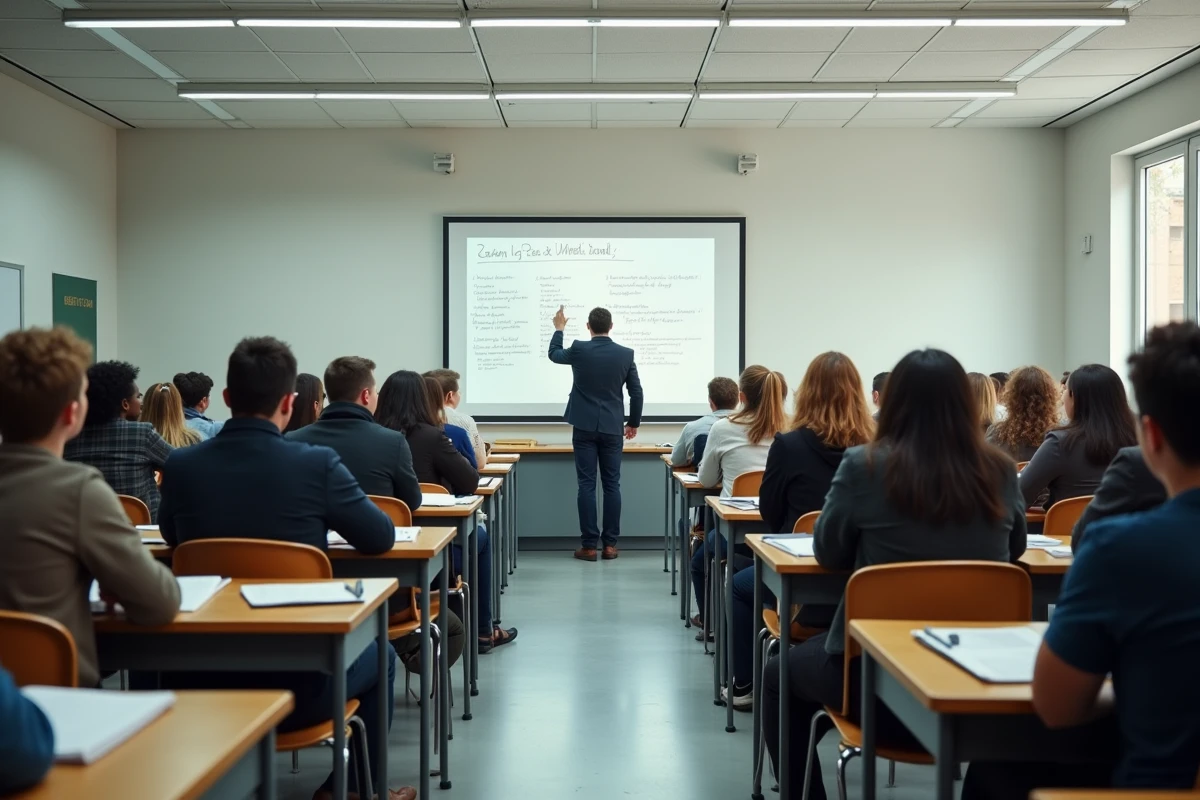 Salle de classe d'un grand lycée français avec un professeur devant des élèves attentifs