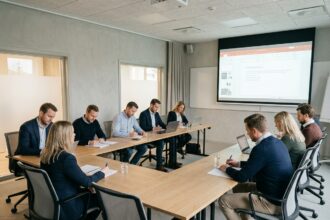 Salle de formation moderne avec tables modulaires en U et stagiaires en entreprise prenant des notes