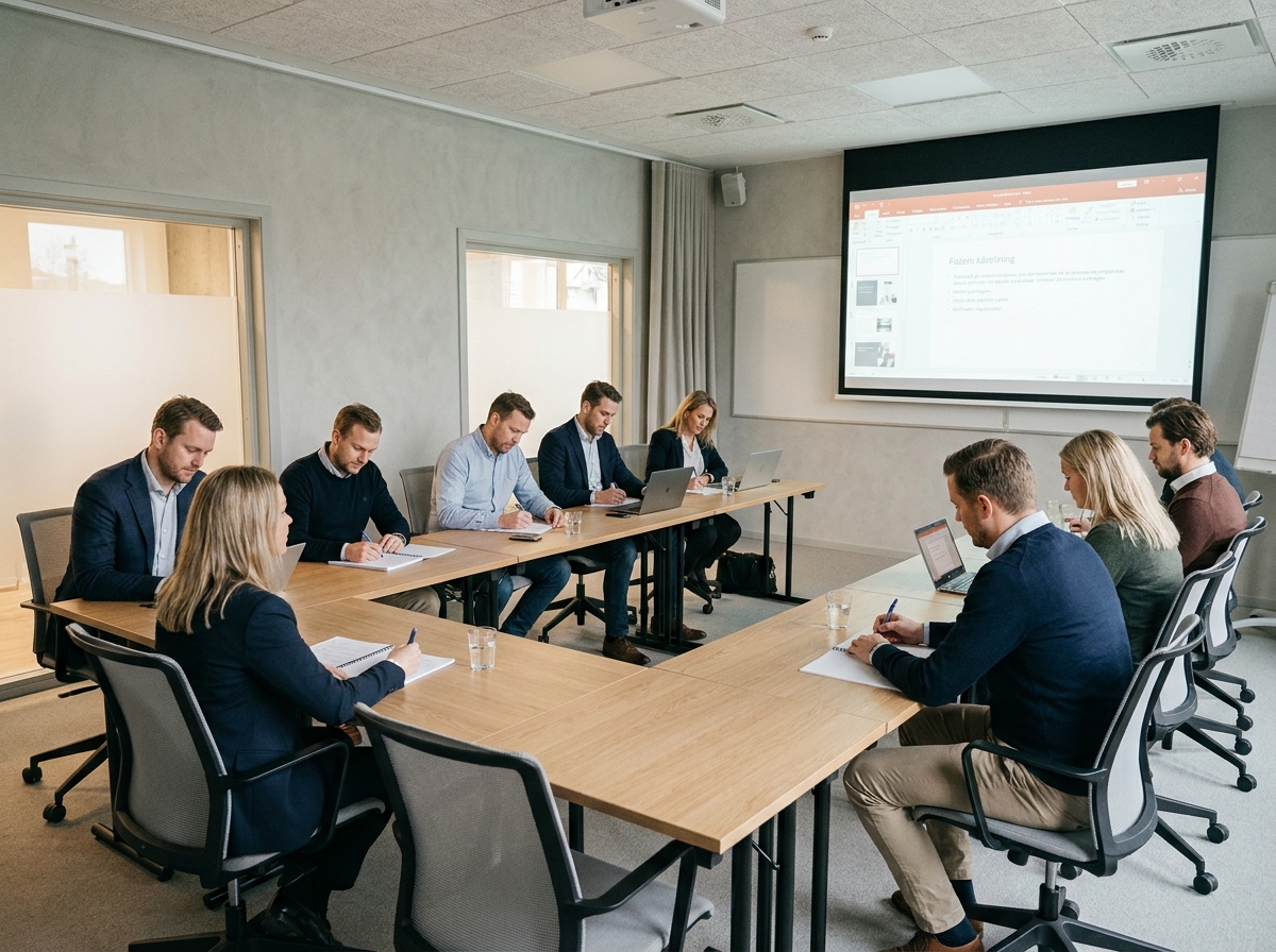 Salle de formation moderne avec tables modulaires en U et stagiaires en entreprise prenant des notes