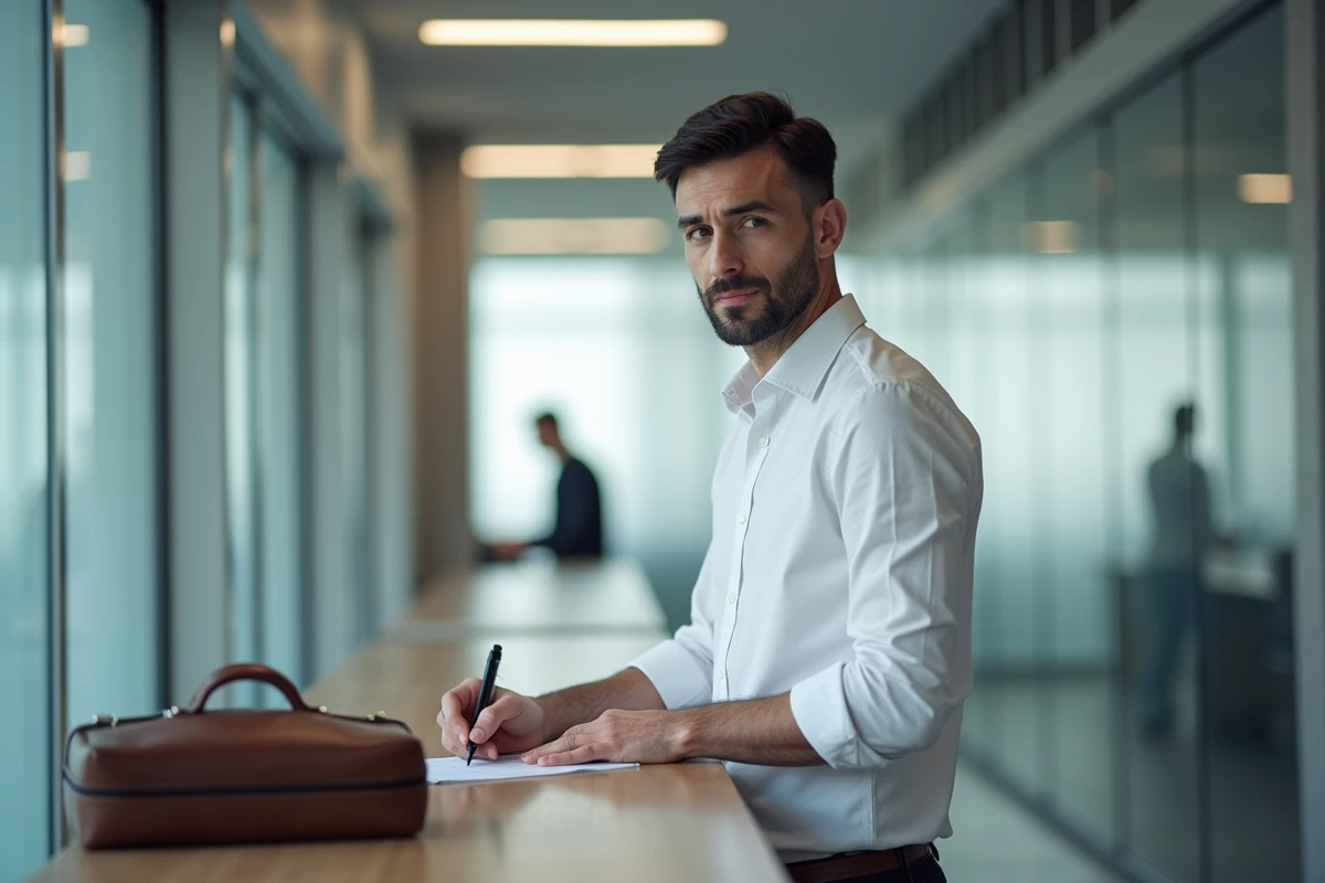 Homme signant un formulaire récapitulatif de candidature dans un bureau administratif officiel