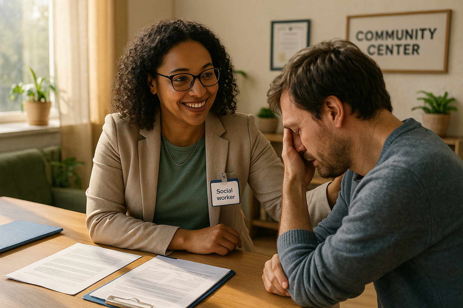 Travailleur social aidant un client dans un bureau chaleureux