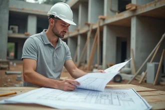 Stagiaire BTP en reconversion professionnelle étudiant un plan architectural sur un chantier de formation