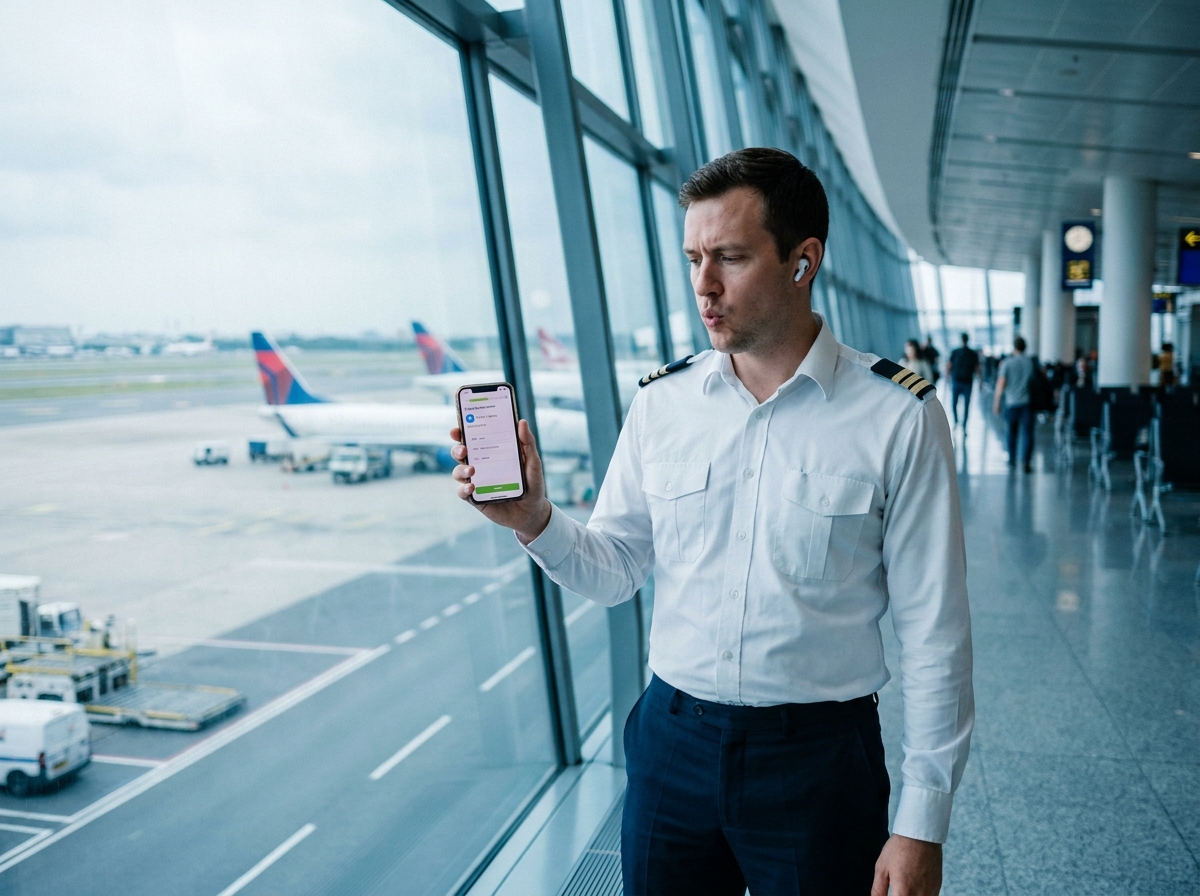 Steward en uniforme qui apprend l'anglais sur son téléphone dans un terminal d'aéroport