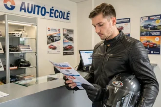 Homme consultant une brochure de tarifs de permis moto dans une auto-école française