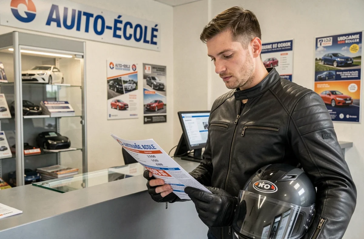 Homme consultant une brochure de tarifs de permis moto dans une auto-école française