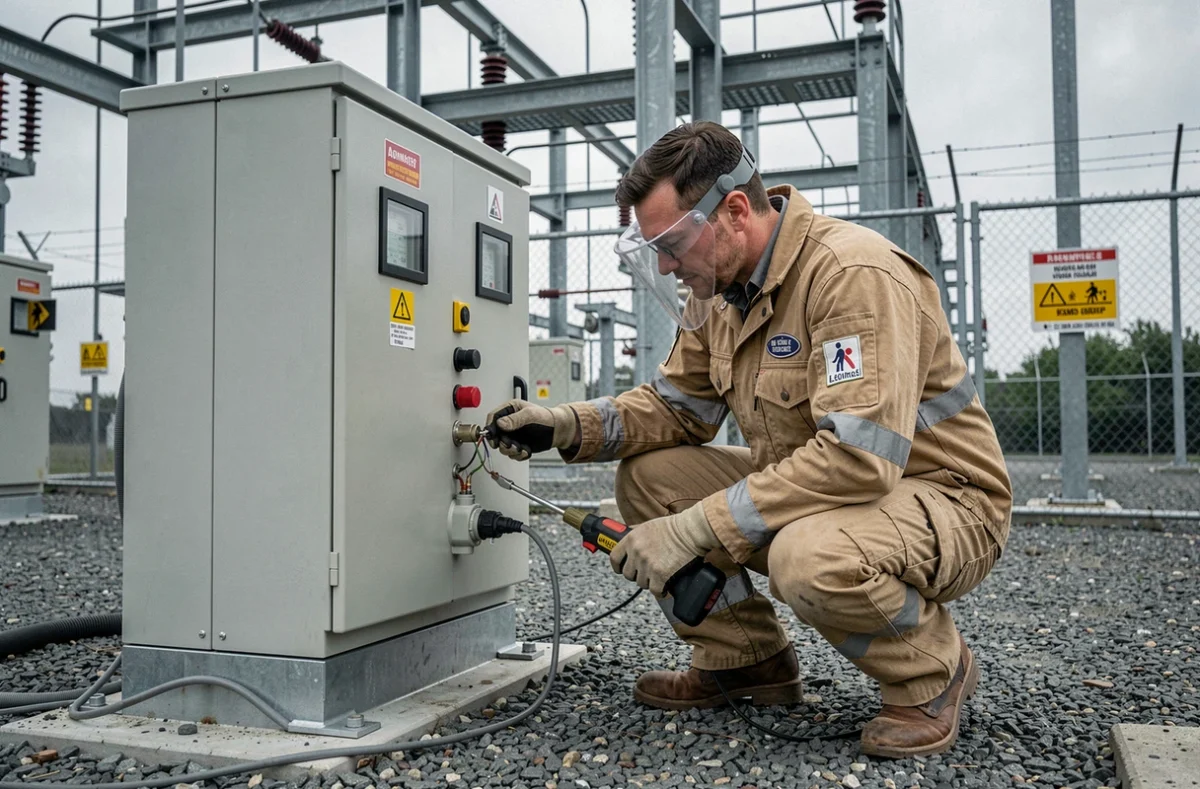 Technicien en équipement arc flash travaillant sur un poste électrique extérieur haute tension, illustration des exigences de l'habilitation électrique Habilec 7 H2V