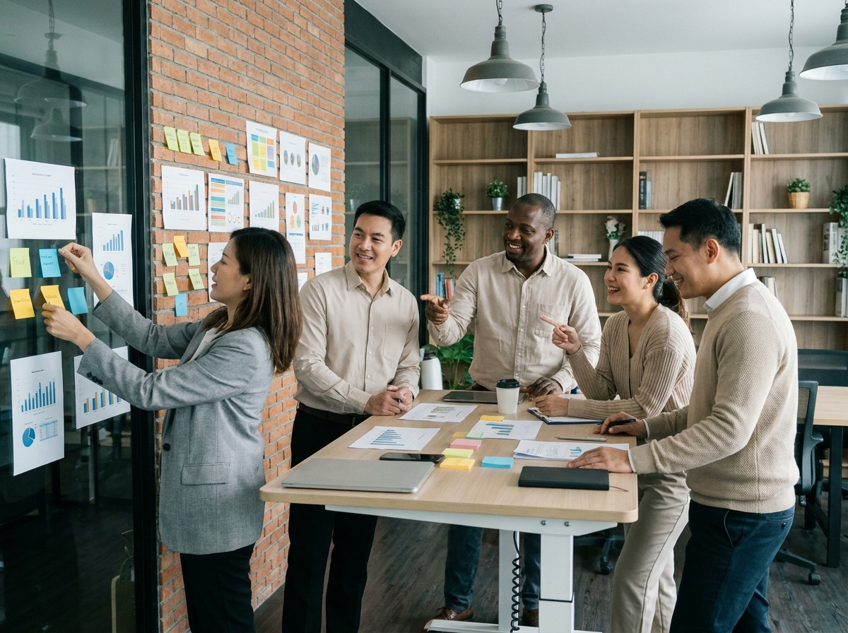 Équipe professionnelle diversifiée en session de travail collaboratif avec tableau de post-its, dynamique de communication en entreprise