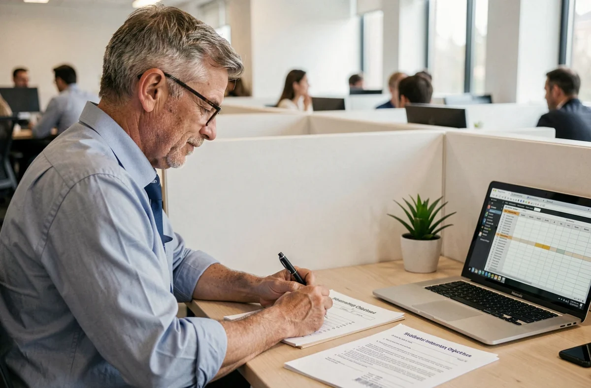 Tuteur professionnel rédigeant une appréciation de stage valorisante pour un élève en difficulté dans un bureau en open space