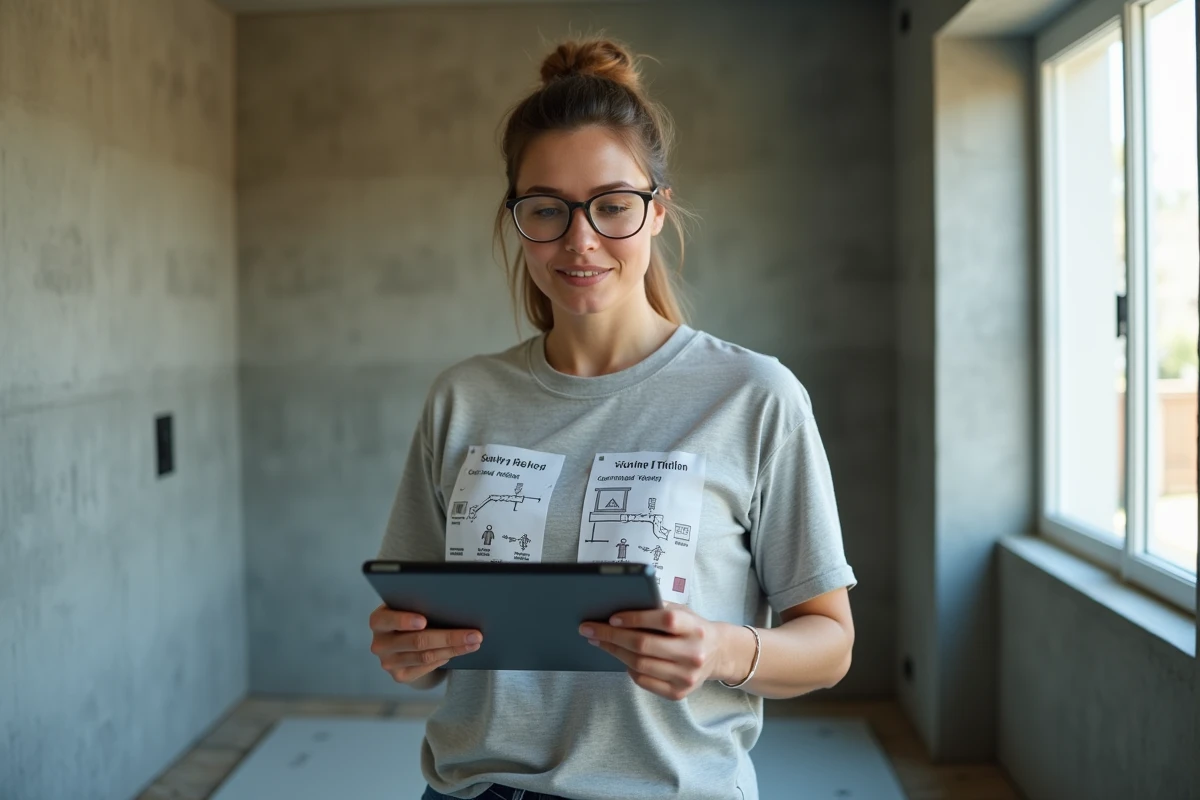 Femme consultant un tutoriel de carrelage sur tablette pendant des travaux de rénovation de salle de bain