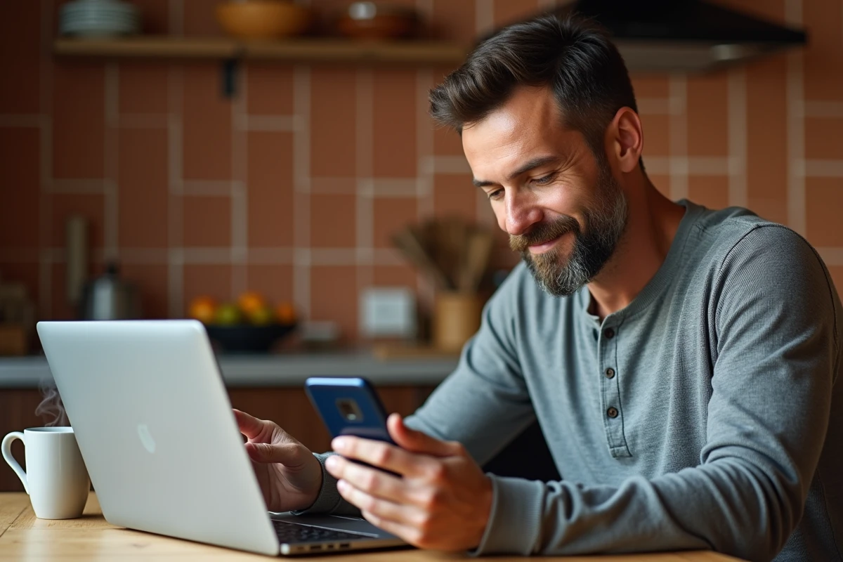 Homme consultant une comparaison entre Neomagora et MyNEOMAgora sur smartphone et ordinateur portable à domicile