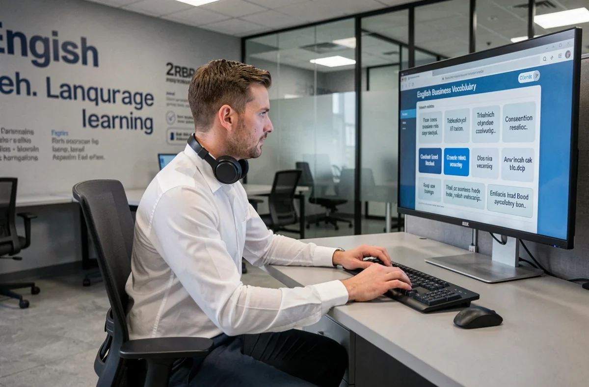 Homme professionnel suivant une formation d'anglais immersive dans un centre Wall Street English au Mans