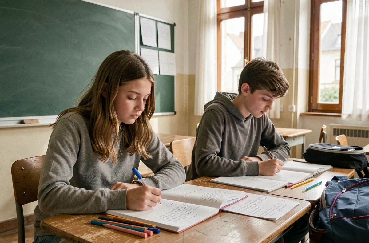 Deux lycéens concentrés sur des exercices de langue dans une salle de cours pour adolescents et étudiants